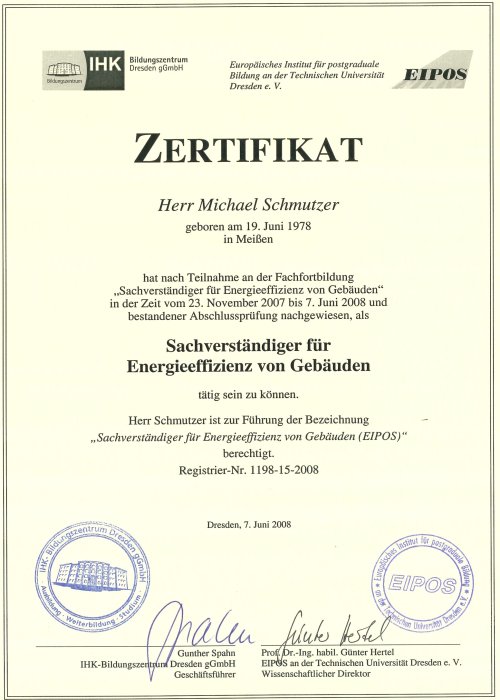 certificates: Sachverständiger für Energieeffizienz von Gebäuden (eipos)
