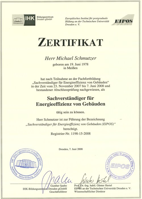 Qualifikationen: Sachverständiger für Energieeffizienz von Gebäuden (eipos)