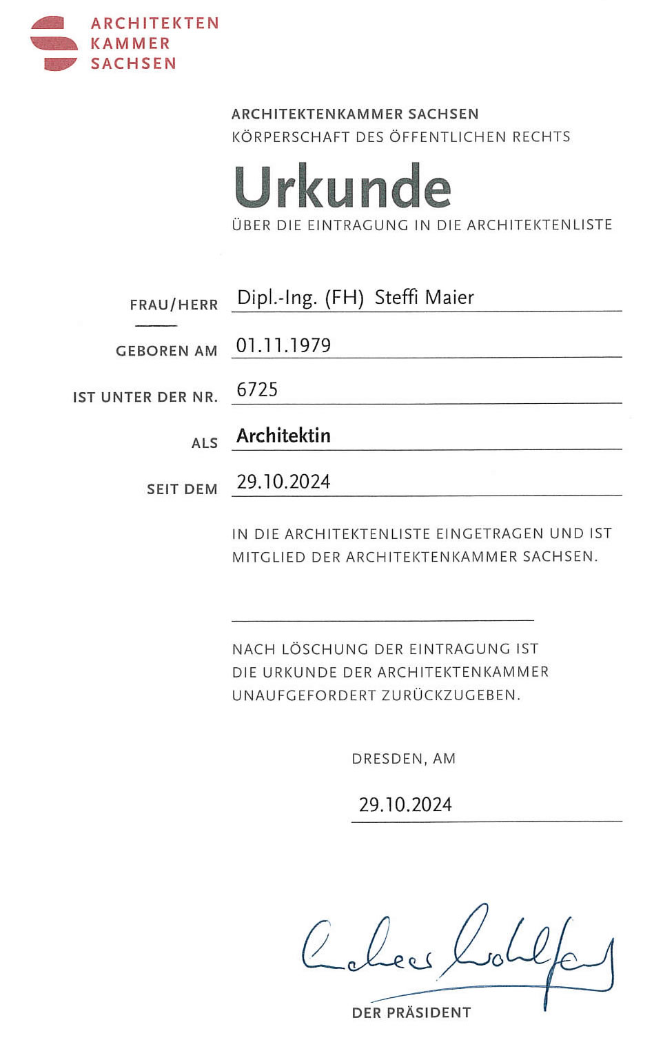 nach DIN ISO: Eintragung Architektenkammer