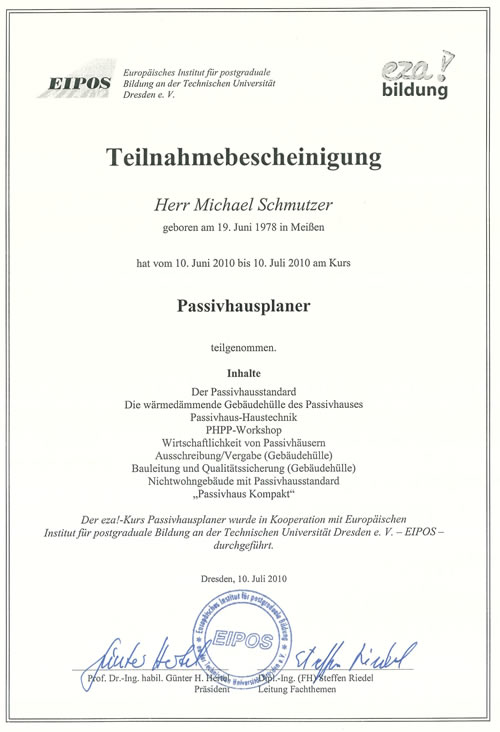 Qualifikationen: Zertifizierter Passivhausplaner