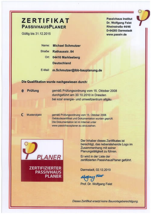 Qualifikationen: Zertifizierter Passivhausplaner