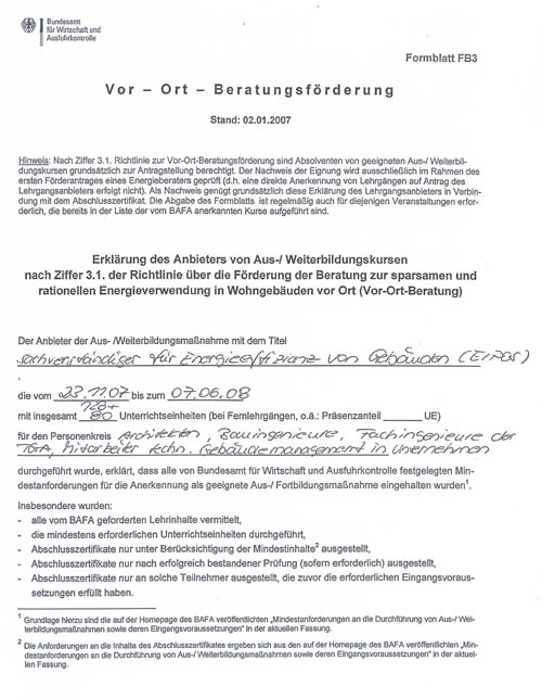 certificates: Vor- Ort- Energieberater (Bundesamt für Wirtschaft und Ausfuhrkontrolle Bafa)